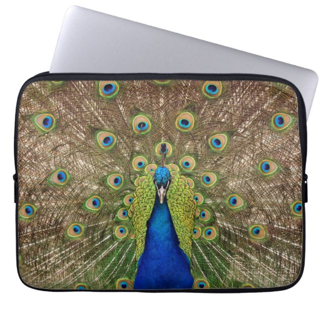 Colourful peacock print laptop sleeve (Front)
