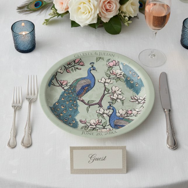 Colourful Peacock Sage Green Paper Plate (Colorful Peacock Round Wedding Plates. Elegant Floral Peacock & Magnolia Flowers Sage Green Pattern)