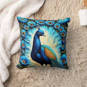 Colourful Peacock Surrounded by Blue Flowers Cushion