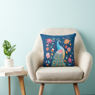 Colourful Peacock with Blue Green Orange Feathers Cushion