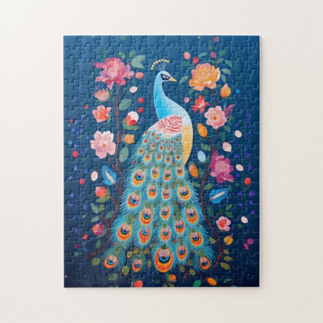 Colourful Peacock with Blue Green Orange Feathers Jigsaw Puzzle (Vertical)