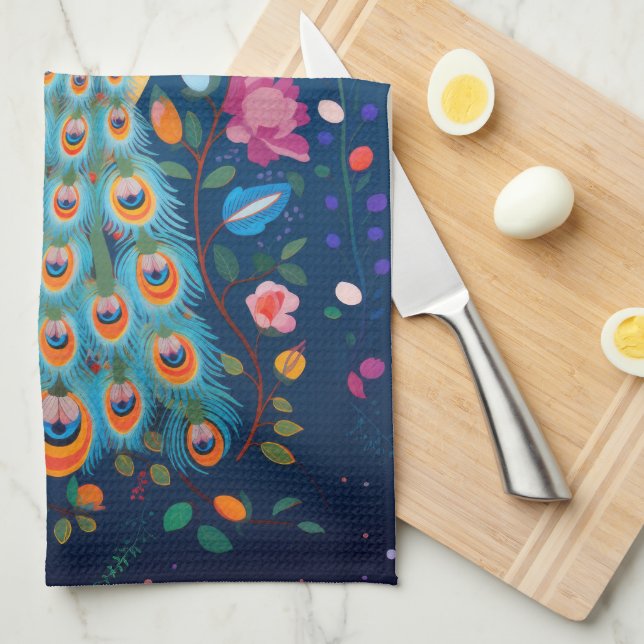 Colourful Peacock with Blue Green Orange Feathers Tea Towel (Quarter Fold)