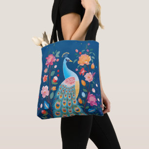 Colourful Peacock with Blue Green Orange Feathers Tote Bag