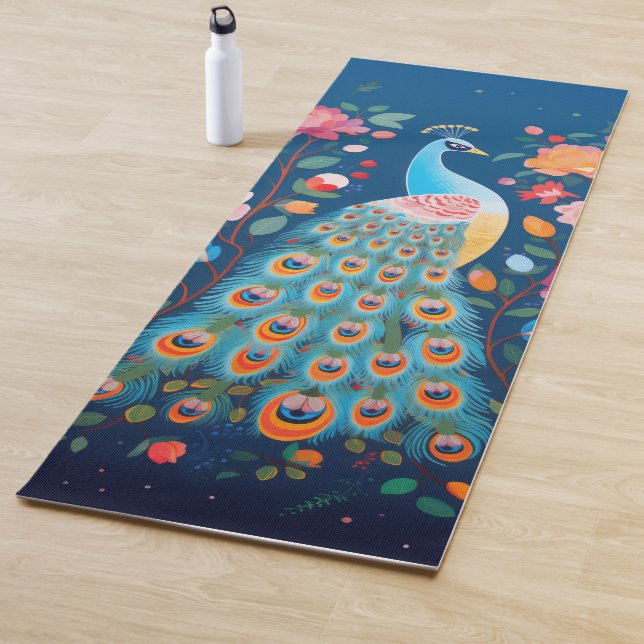 Colourful Peacock with Blue Green Orange Feathers Yoga Mat (In Situ)