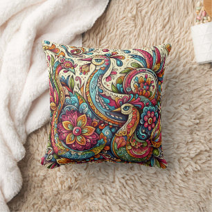 Colourful peacocks amidst floral splendour cushion