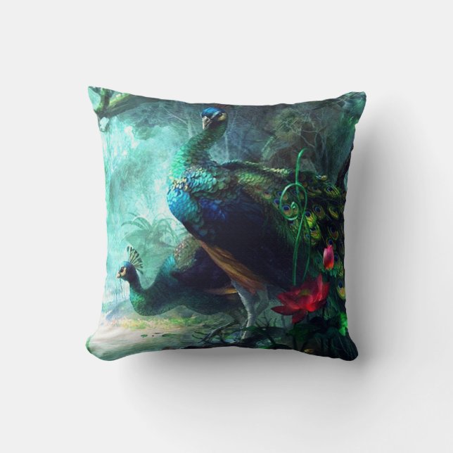 Colourful peacocks in misty forest Throw Pillow (Front)