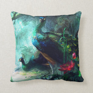 Colourful peacocks in misty forest Throw Pillow