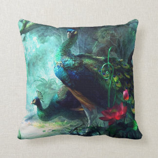 Colourful peacocks in misty forest Throw Pillow