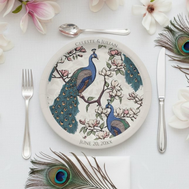 Colourful Peacocks Ivory Paper Plate (Elegant Floral Peacock Wedding Plates. Colorful Peacock & Magnolia Flower Pattern with Teal Feathers)
