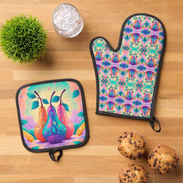 Colourful pear oven mitt & pot holder set (Top Down)