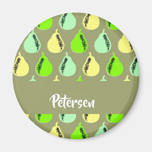 Colourful pears on green magnet (Front)