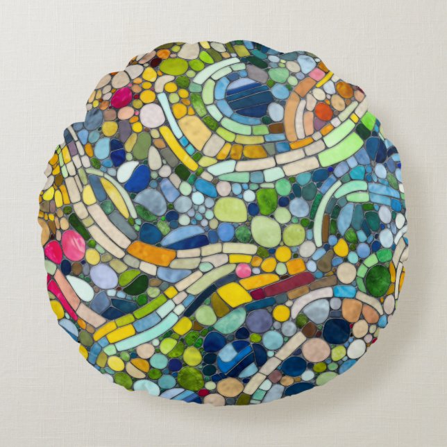 Colourful Pebbles Mosaic Art Round Cushion (Front)