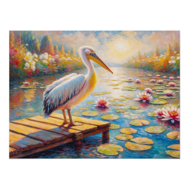 Colourful Pelican and Lily Pads Decoupage Poster (Front)