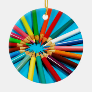 Colourful pencil crayons pattern ceramic tree decoration