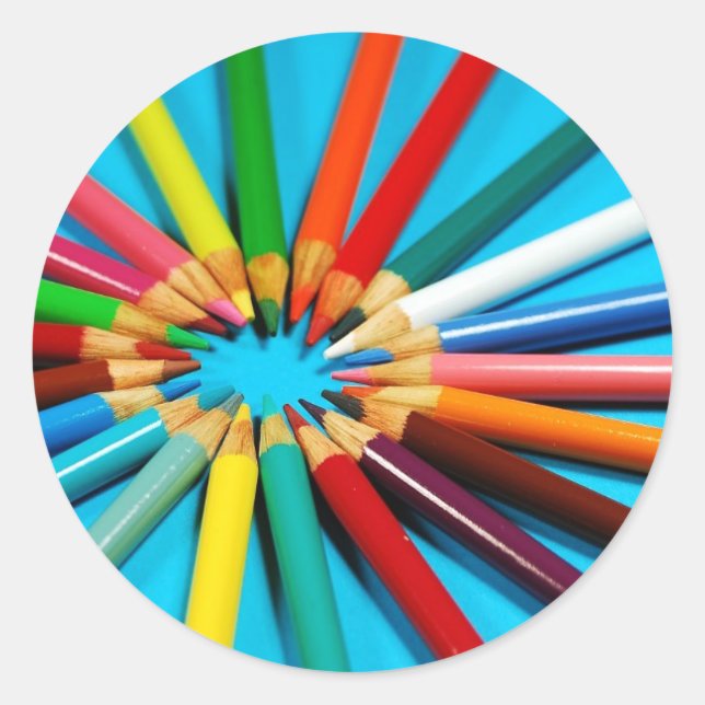 Colourful pencil crayons pattern classic round sticker (Front)