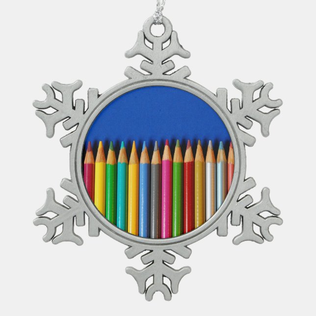 Colourful pencil crayons snowflake pewter christmas ornament (Front)