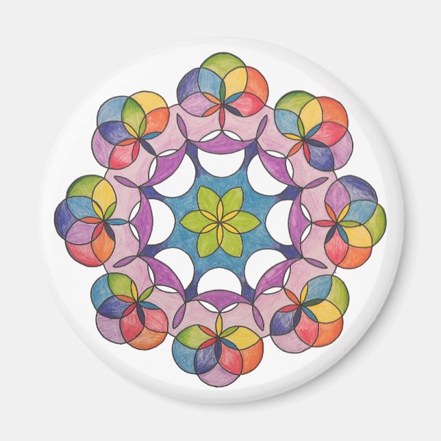 Colourful Pencil Drawn Geometric Mandala Spiritual Magnet (Front)