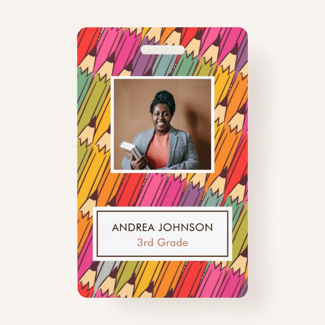 Colourful Pencil Pattern Primary Teacher Photo ID ID Badge (Front)
