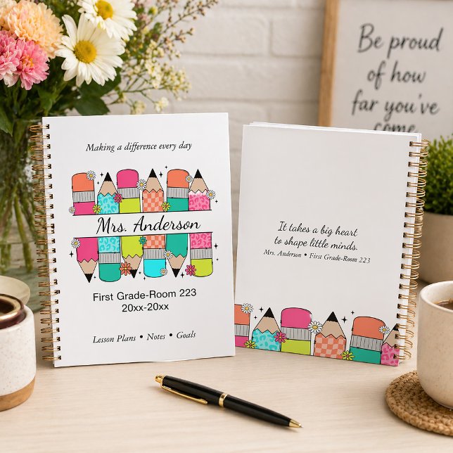 Colourful Pencil Teacher Name Classroom Planner (Custom planner for teacher with inspirational quote)