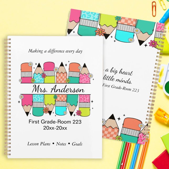 Colourful Pencil Teacher Name Classroom Planner (Custom planner for teachers. Personalize with name and class information.  )