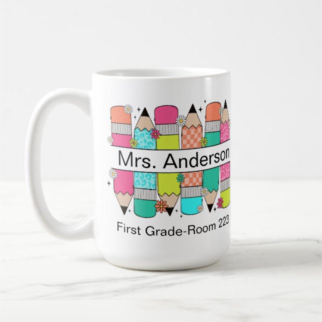 Colourful Pencil Teacher Name  Coffee Mug (Left)