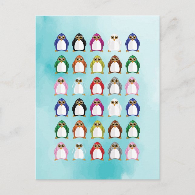 Colourful Penguin Pattern – Playful Rainbow Animal Postcard (Front)