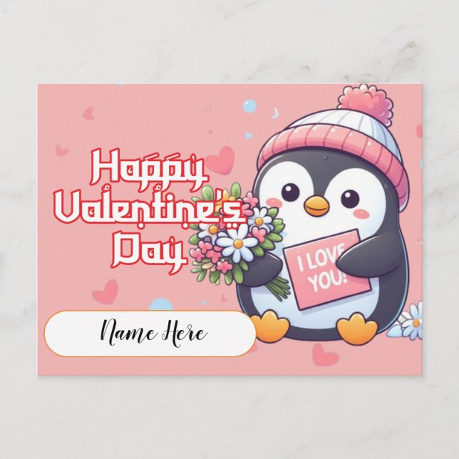Colourful Penguin Valentines Day Postcard (Front)