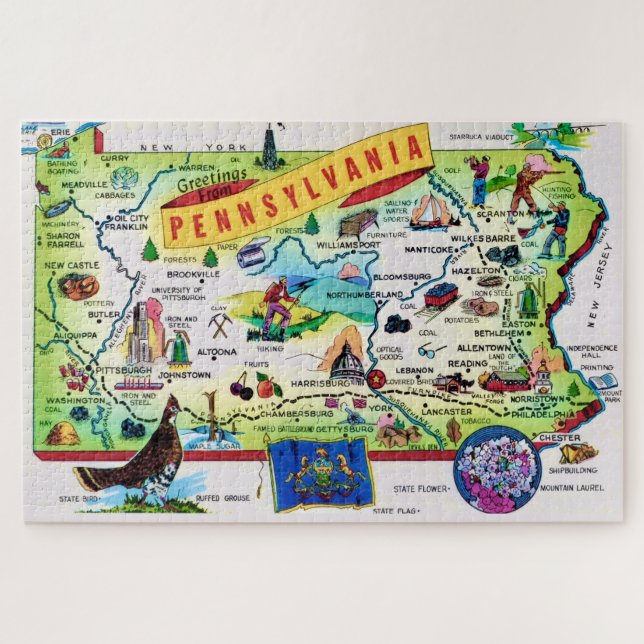 Colourful Pennsylvania 20x30 Postcard Map Jigsaw Puzzle (Horizontal)