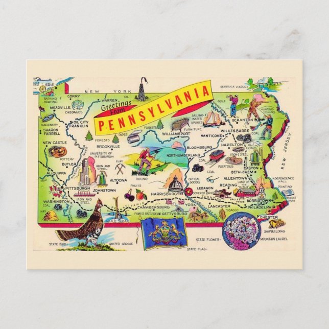 Colourful Pennsylvania Map Postcard (Front)