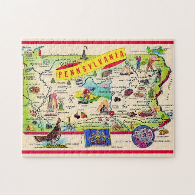 Colourful Pennsylvania Postcard Map Jigsaw Puzzle (Horizontal)