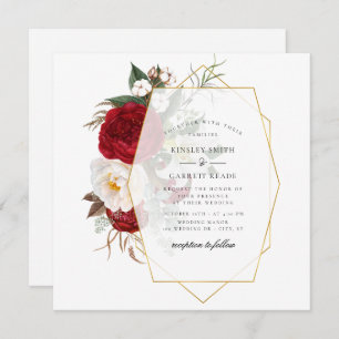 Colourful Peony Bouquet Gold Frame Wedding Invitation