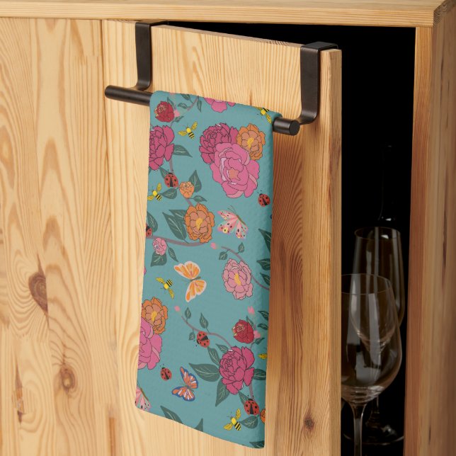Colourful Peony,Butterflly,Bee,Lady Bug&Flower Tea Towel (Thirds Fold)