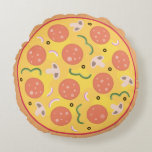 Colourful Pepperoni Pizza Lovers Round Cushion<br><div class="desc">A fun graphic design for pizza lovers! It comes with a pizza filled with lots of colourful toppings like pepperoni,  green pepper and onion slices,  black olives,  mushrooms and plenty of cheese!</div>