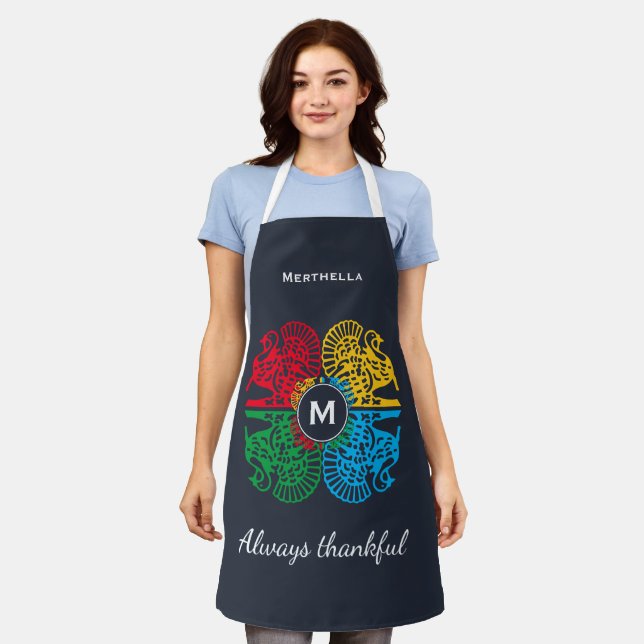Colourful Personalised Blue Turkey Apron (Worn)