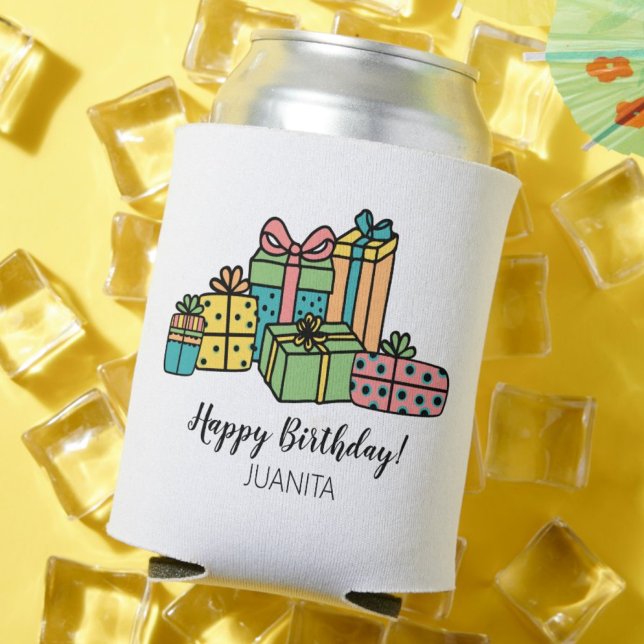 Colourful Personalised Happy Birthday Can Cooler (Modern Trendy Cute Colorful Happy Birthday Can Cooler)
