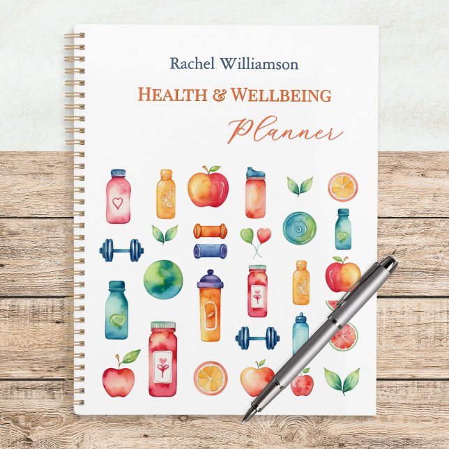 Colourful Personalised Health and Wellbeing Planner (A spiral-bound Health and Wellbeing planner, with personalized name and colorful illustrated cover)
