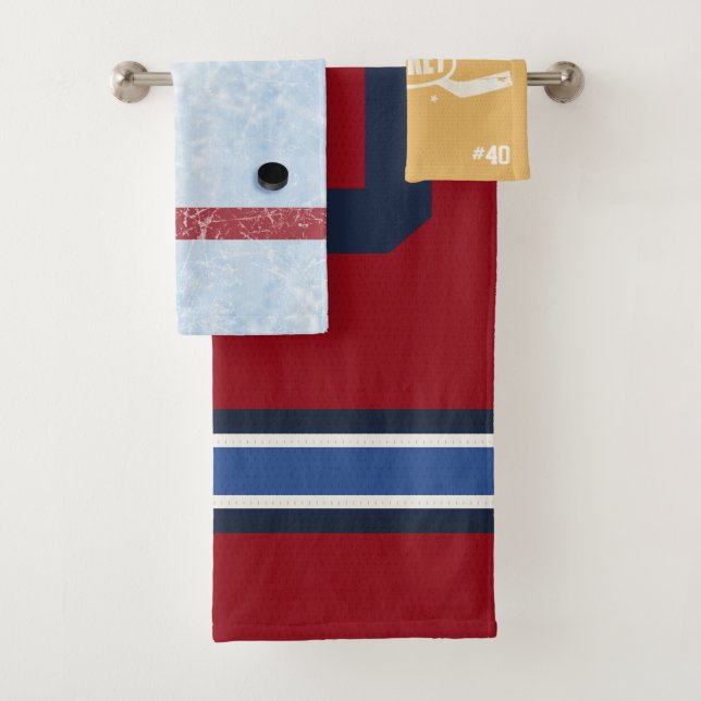 Colourful Personalised Ice Hockey Patchwork Bath Towel Set (Insitu)