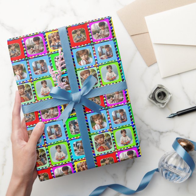 Colourful Personalised Nine Photos, Hearts Pattern Wrapping Paper (Gifting)