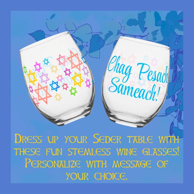 Colourful Personalised Passover Stars of David  Stemless Wine Glass (Colorful Stars of David decorate these stemless wine glasses. Personalize as you like.)