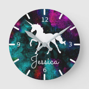 Colourful Personalised Unicorn Round Clock