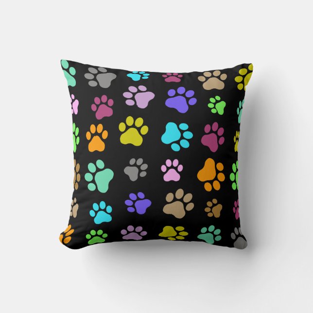 Colourful Pet Paw Pattern on Black Background Cushion (Front)