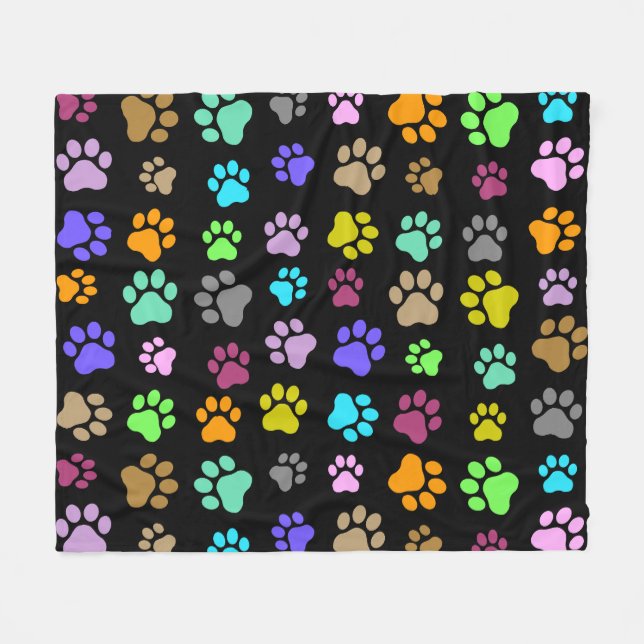 Colourful Pet Paw Pattern on Black Background  Fleece Blanket (Front (Horizontal))
