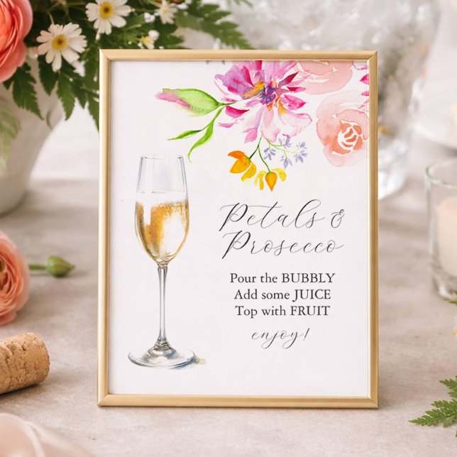 Colourful Petals and Prosecco Bar Sign (Petals and Prosecco bridal shower sign with pink and orange flowers)