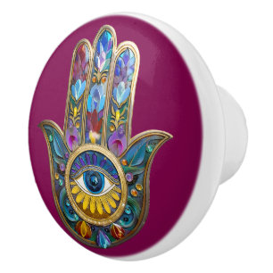 Colourful Petals Leaves Hamsa Sapphire Third Eye Ceramic Knob