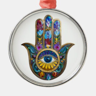 Colourful Petals Leaves Hamsa Sapphire Third Eye Metal Ornament