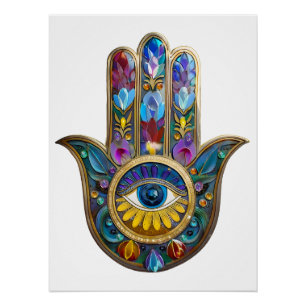 Colourful Petals Leaves Hamsa Sapphire Third Eye Poster