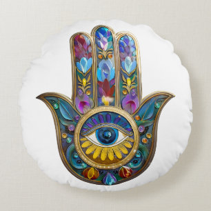 Colourful Petals Leaves Hamsa Sapphire Third Eye Round Cushion