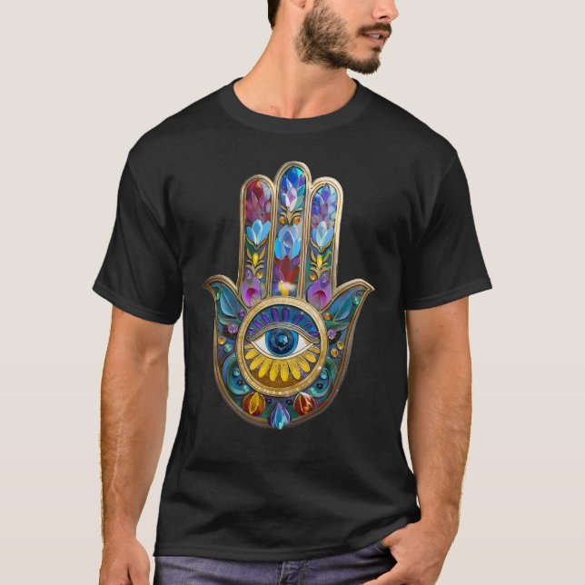 Colourful Petals Leaves Hamsa Sapphire Third Eye T-Shirt (Front)