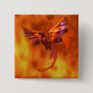 Colourful Phoenix Flying Against a Fiery Backgroun 15 Cm Square Badge