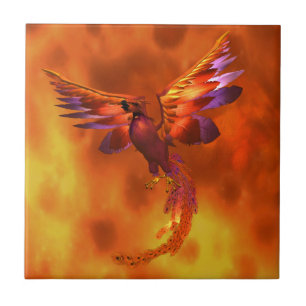 Colourful Phoenix Flying Against a Fiery Backgroun Ceramic Tile